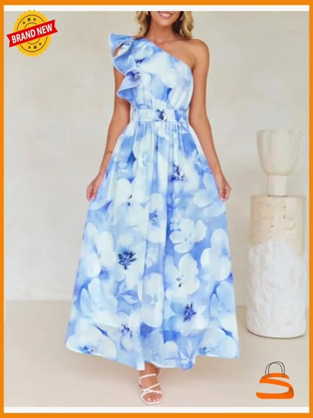 Sleeveless Floral Maxi Dress One Shoulder Ruffle High Waist Boho Beach Wedding